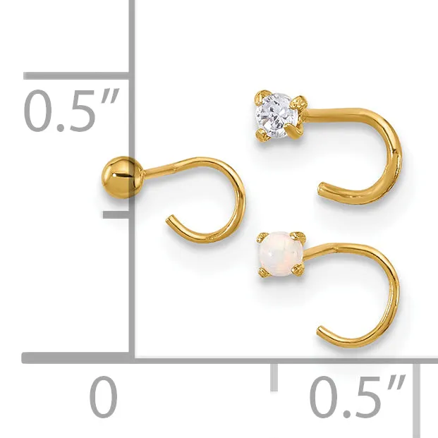 14k Yellow Gold  22 Gauge CZ, Synthetic Opal Ball Nose Post Set