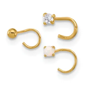 14k Yellow Gold  22 Gauge CZ, Synthetic Opal Ball Nose Post Set