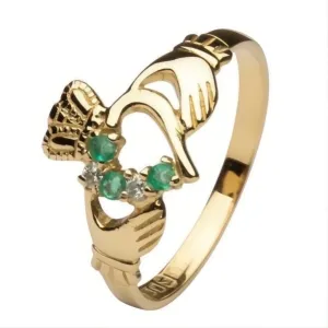 14K Yellow Gold Ladies Diamond Emerald Claddagh Ring SL-14L75WED size 5