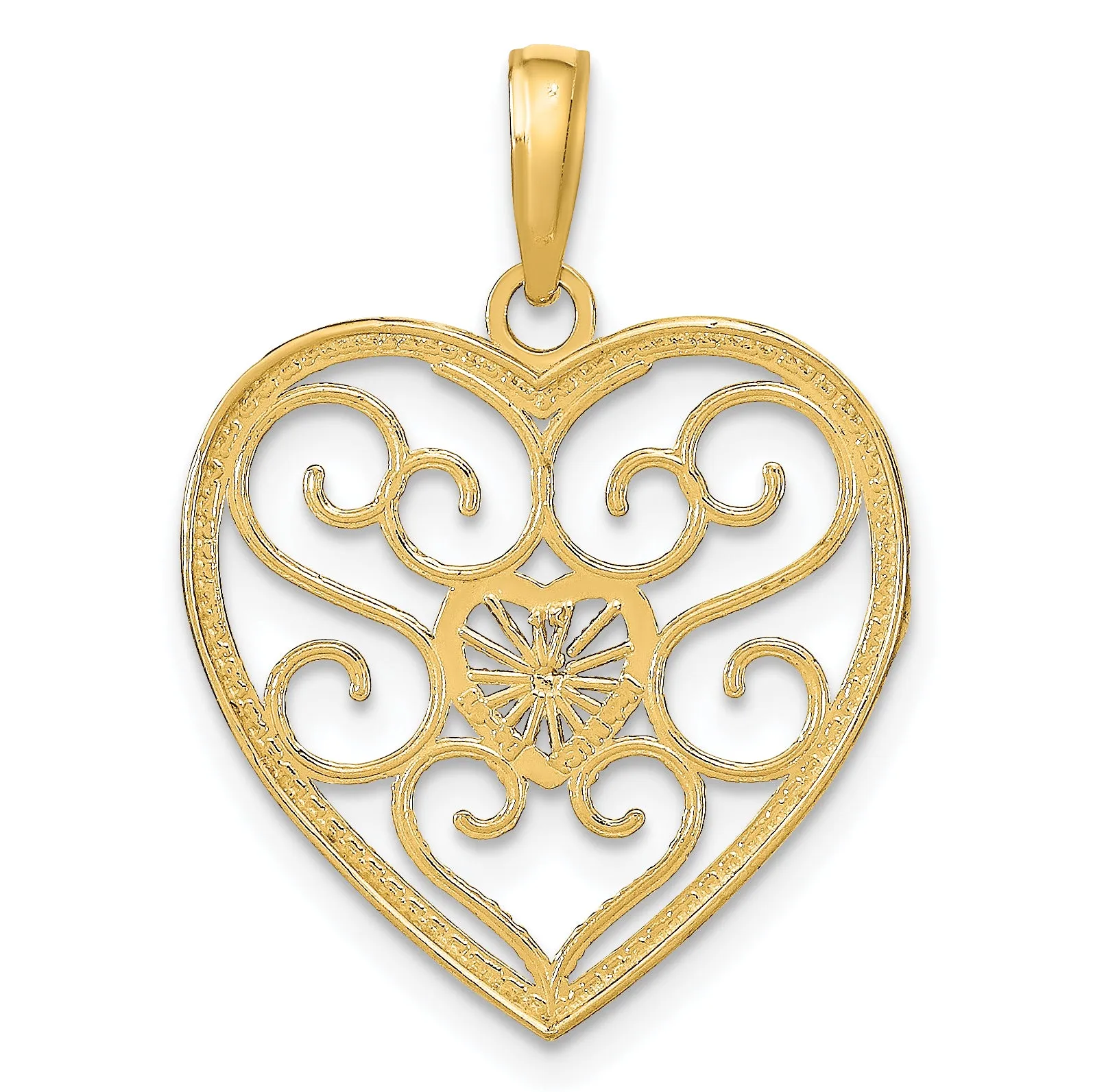 14k Yellow Gold Rhodium Filigree Beaded Heart Pendant