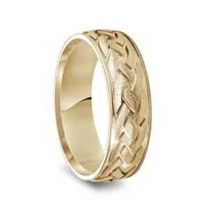 14k Yellow Gold Satin Brush Finished Men’s Wedding Band with Engraved Celtic Knot Motif - 7mm