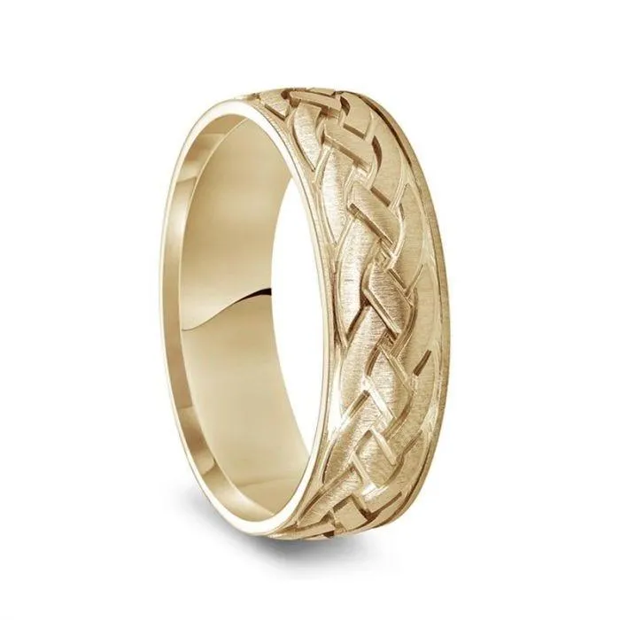 14k Yellow Gold Satin Brush Finished Men’s Wedding Band with Engraved Celtic Knot Motif - 7mm
