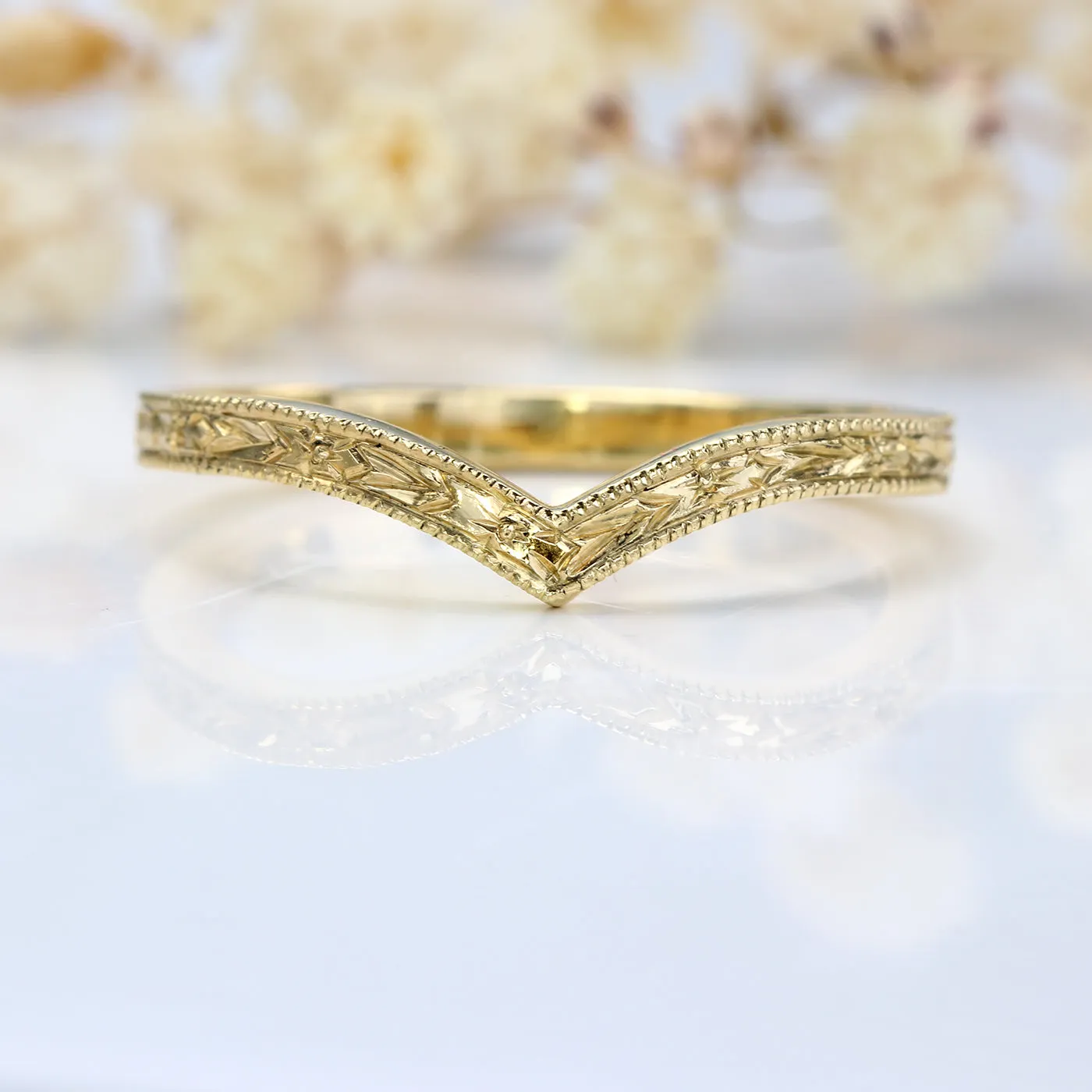 18ct Gold Orange Blossom Engraved Wishbone Wedding Ring – Size M
