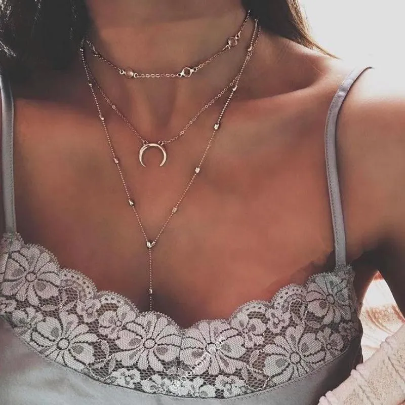 3 Layers Chain Necklace Set Horn Necklace Crescent Moon Necklace Beach Boho Jewelry