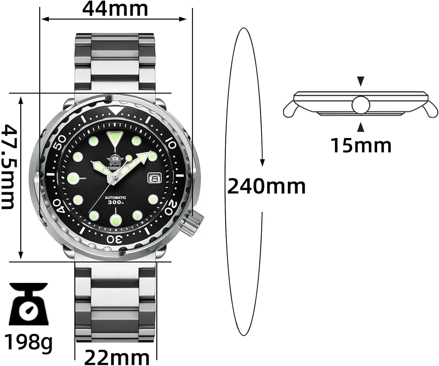 ADDIESDIVE Diver Watches for Men Large Automatic Wristwatch Nh35 Waterproof 300 M Luminescent Chromalight Big Dial My-H5