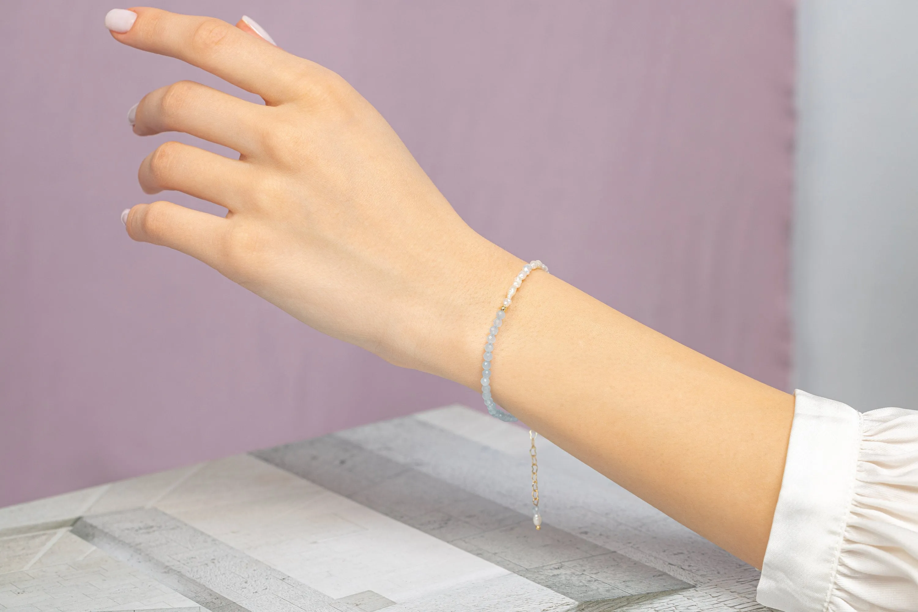 Aquamarine and Freshwater Pearl Bracelet with Gold vermeil Chain