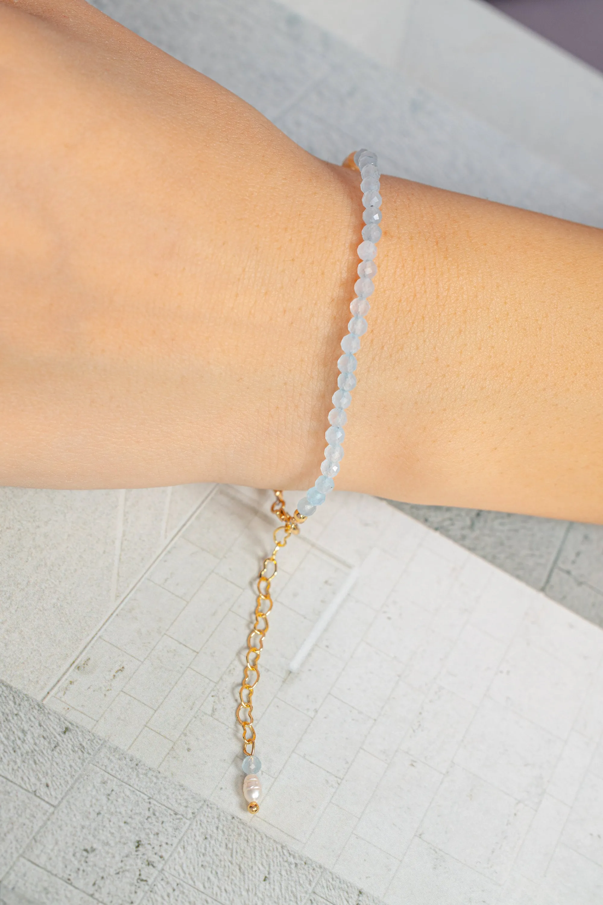 Aquamarine and Freshwater Pearl Bracelet with Gold vermeil Chain