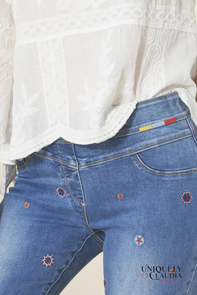 Asra Tummy Control Embroidered Denim Capris