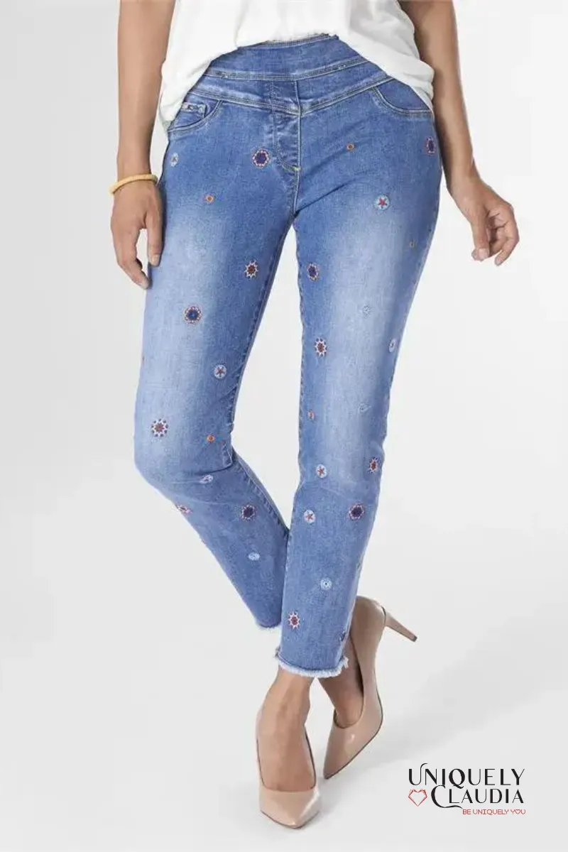 Asra Tummy Control Embroidered Denim Capris