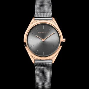 Bering Ultra Slim Polished Rose Gold Grey Mesh Watch