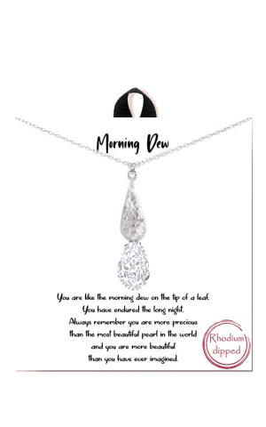 BJNA068RH Rhodium "Morning Dew" Teardrop Pendant Necklace