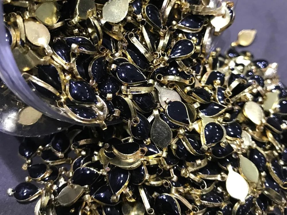 Black Drop Metal Kundan Stone (With Enamel- 12x6 mm)
