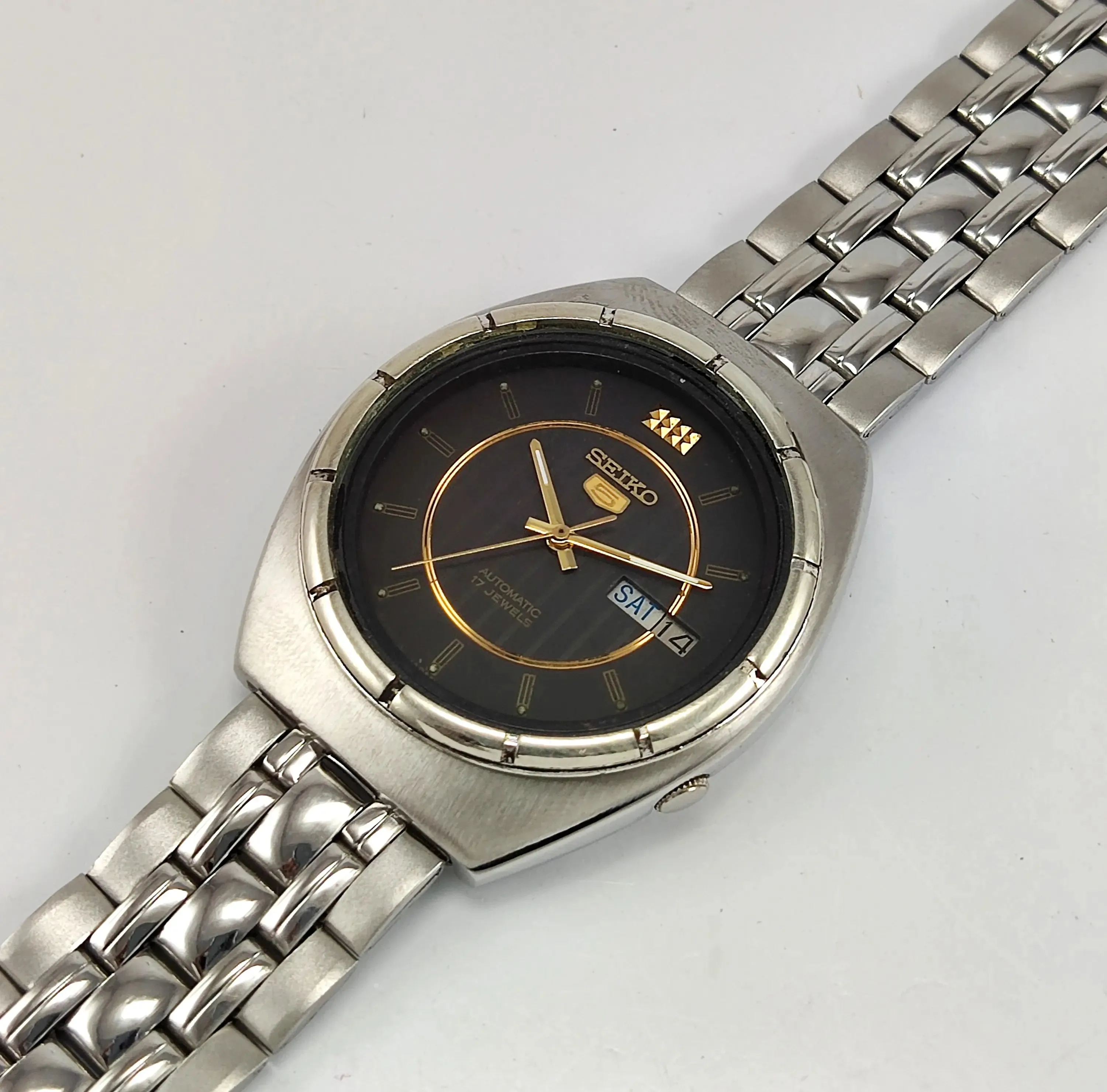 Black Seiko 5 Automatic 17 Jewels Day Date Movement Men's Watch 7009A