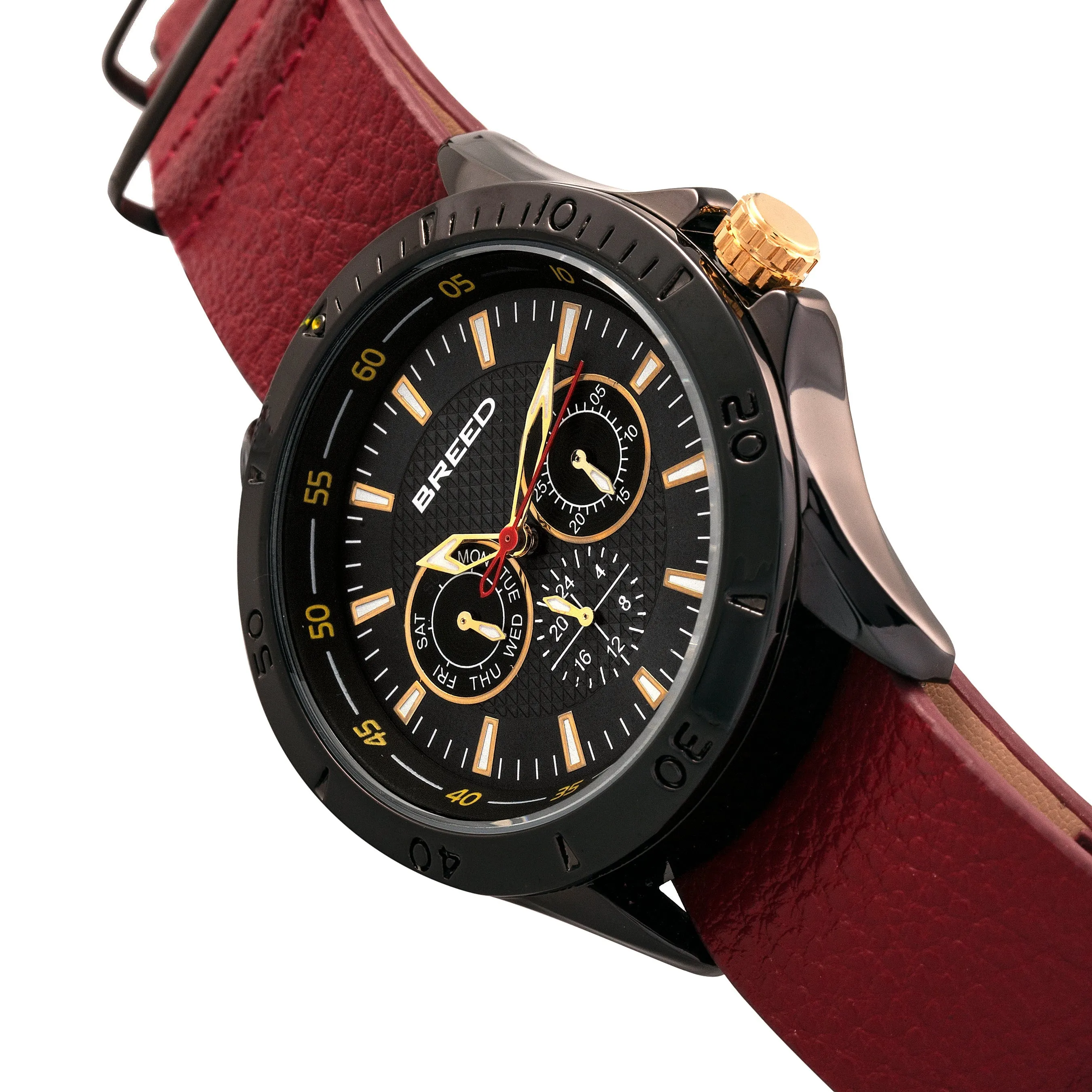 Breed Dixon Leather-Band Watch w/Day/Date - Black/Red