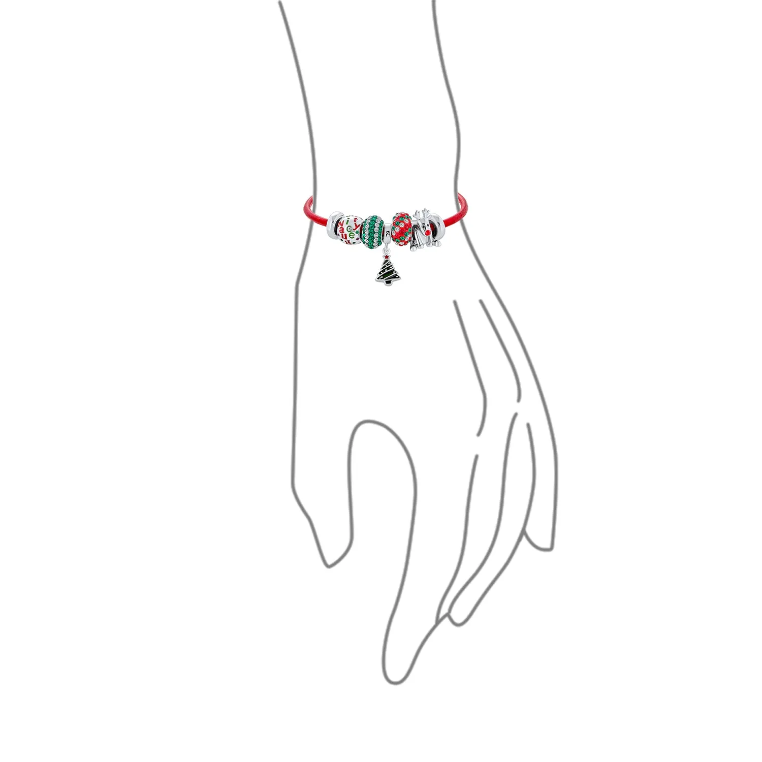 Christmas Tree Charm Bracelet with Rudolf Reindeer & Red Leather Sterling Silver Clasp