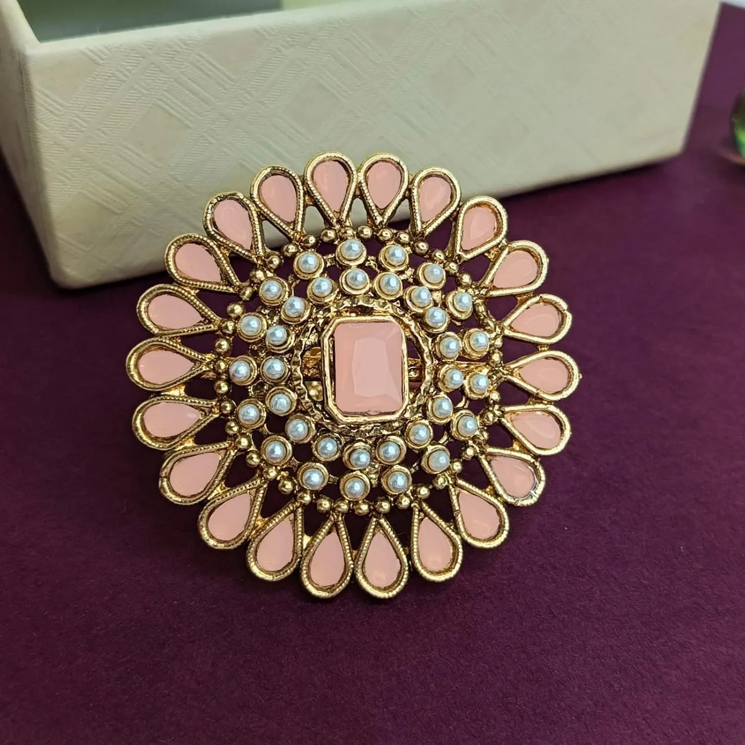 Efulgenz Indian Jewelry Rings for Women Antique Round Faux Pearl Crystal Bollywood Adjustable Big Finger Ring Fashion Party Statement Jewelry for Women