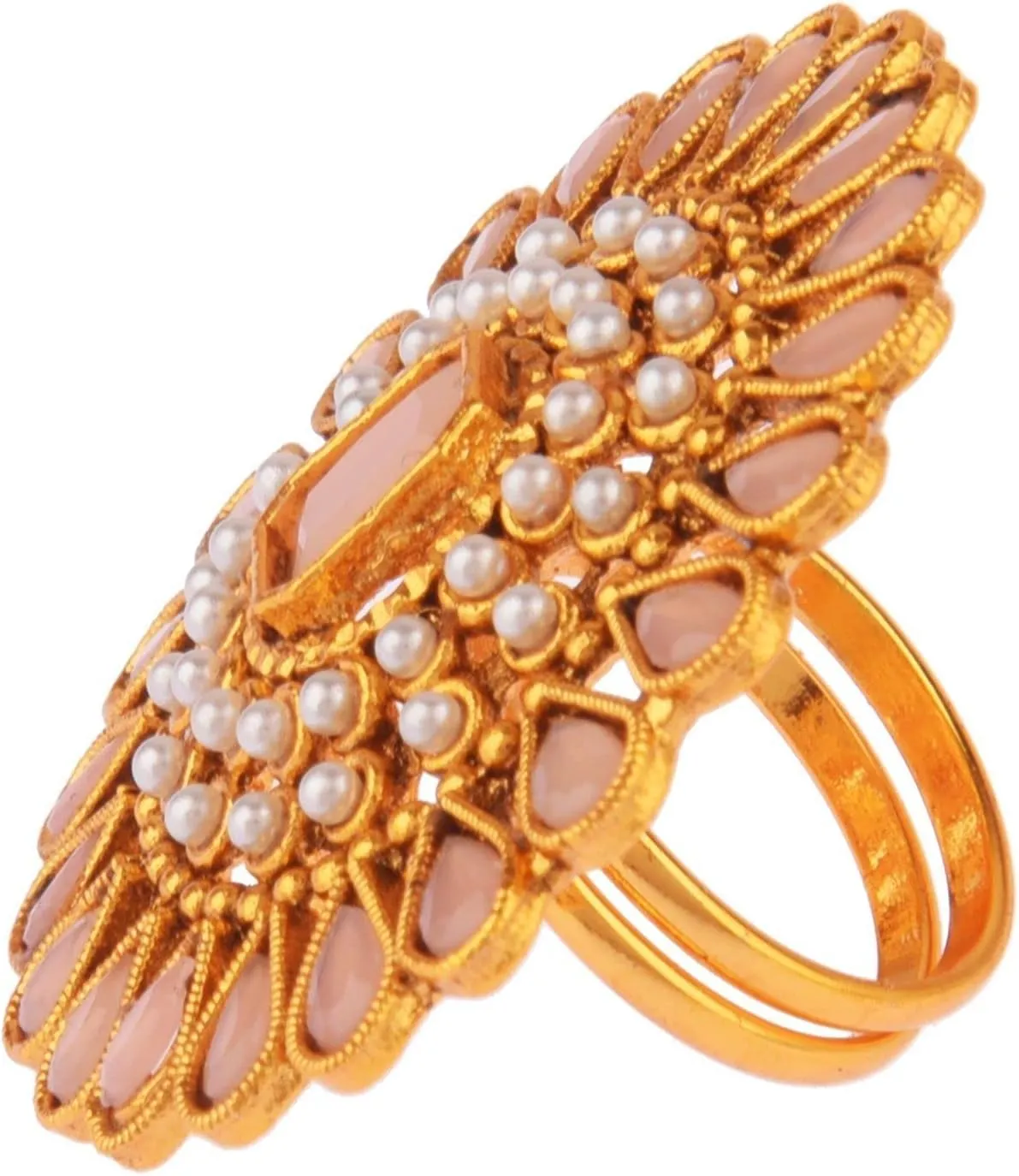 Efulgenz Indian Jewelry Rings for Women Antique Round Faux Pearl Crystal Bollywood Adjustable Big Finger Ring Fashion Party Statement Jewelry for Women