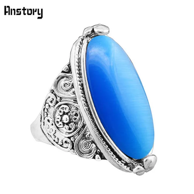 Flower Band Oval Opal Rings For Women Vintage Look Antique Silver Plated Personality Fashion Jewelry
