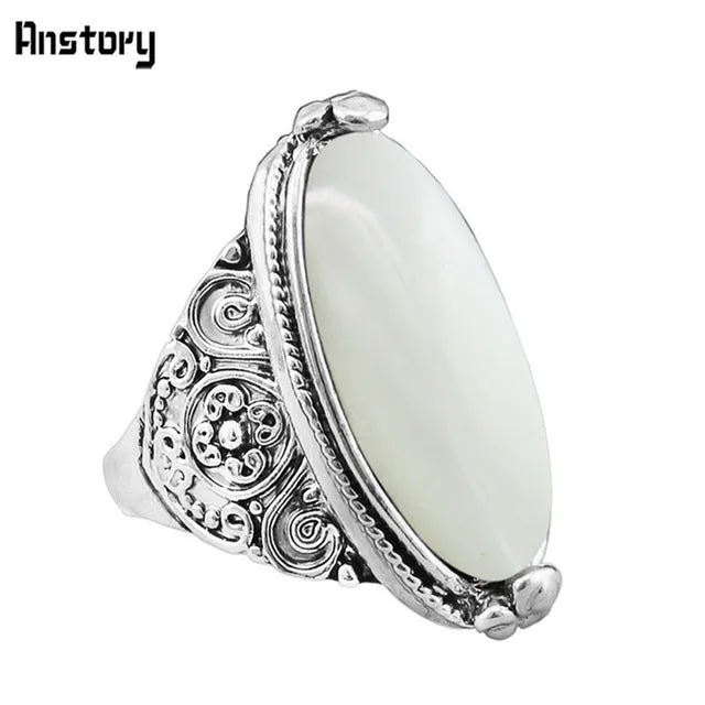 Flower Band Oval Opal Rings For Women Vintage Look Antique Silver Plated Personality Fashion Jewelry