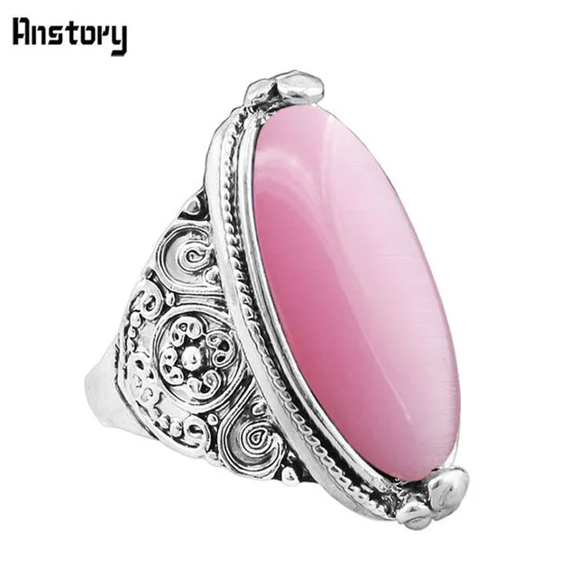 Flower Band Oval Opal Rings For Women Vintage Look Antique Silver Plated Personality Fashion Jewelry
