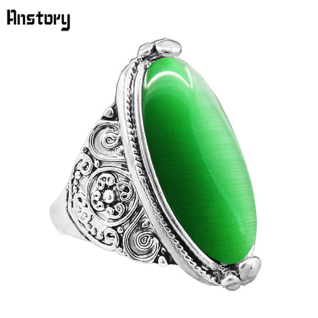 Flower Band Oval Opal Rings For Women Vintage Look Antique Silver Plated Personality Fashion Jewelry