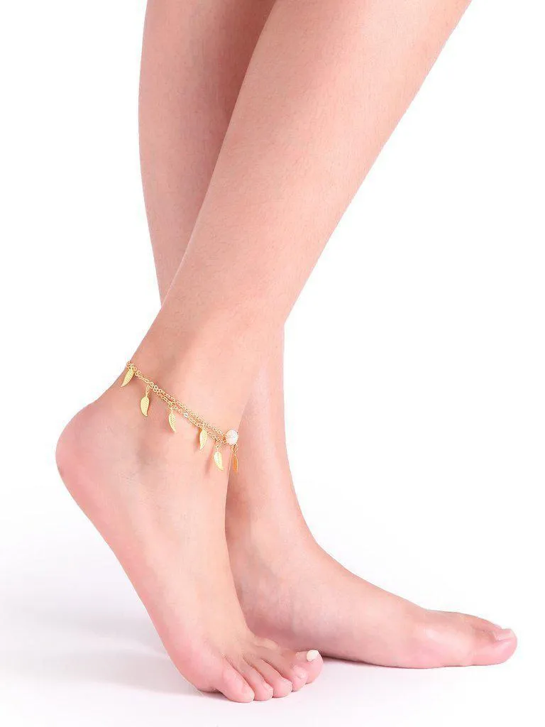 Gold Layered Pearl And Leaf Pendant Single Foot Chain
