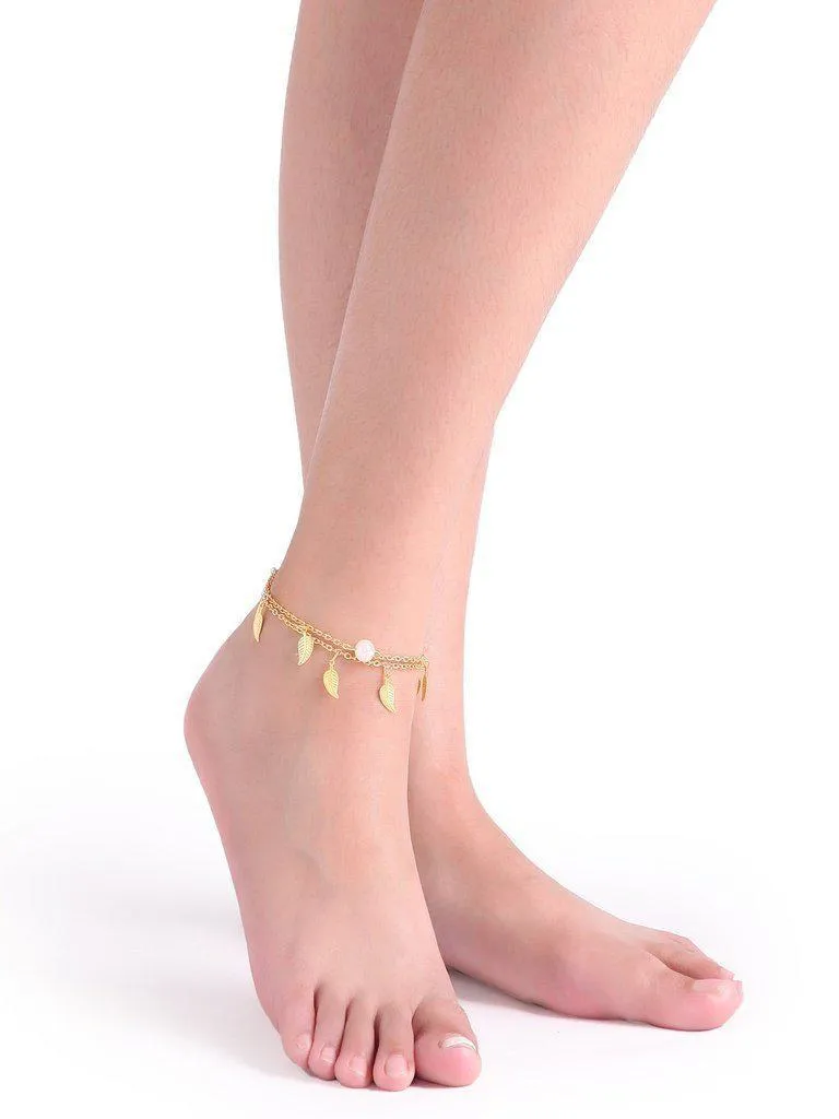 Gold Layered Pearl And Leaf Pendant Single Foot Chain