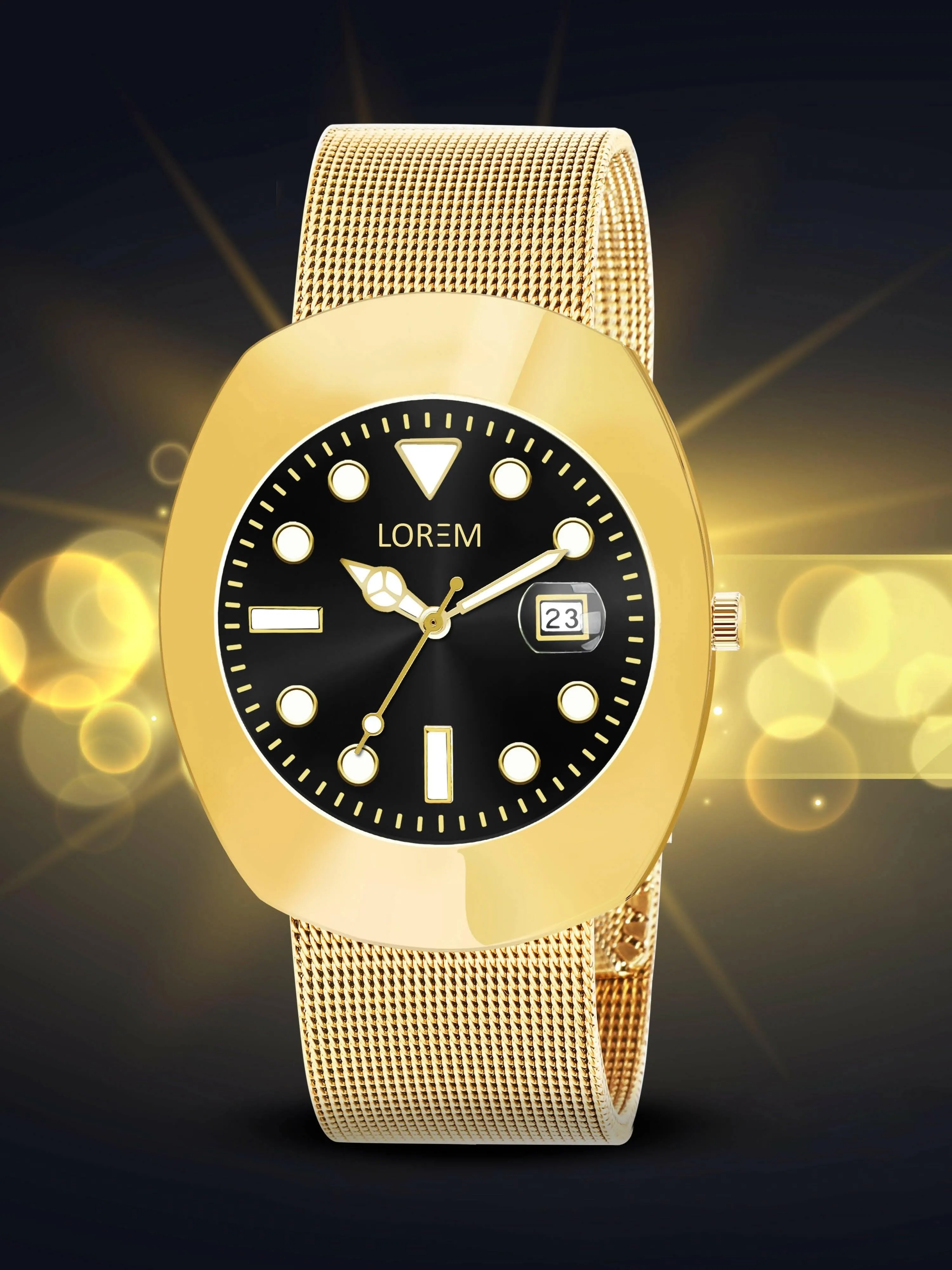 Golden Intermesh Stainless Steel Strap Analog Watch For Men LR138