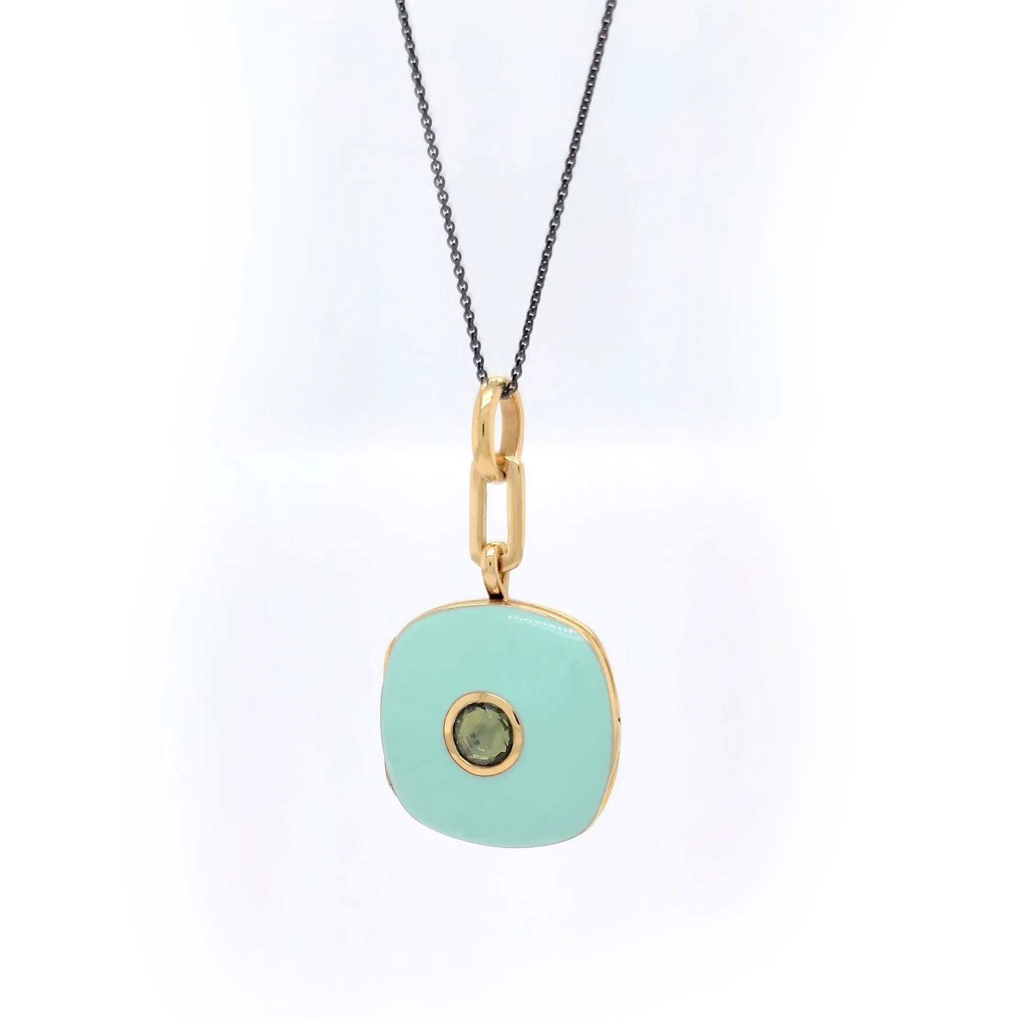 Green Enamel Vermeil Cushion Locket with Green Sapphire