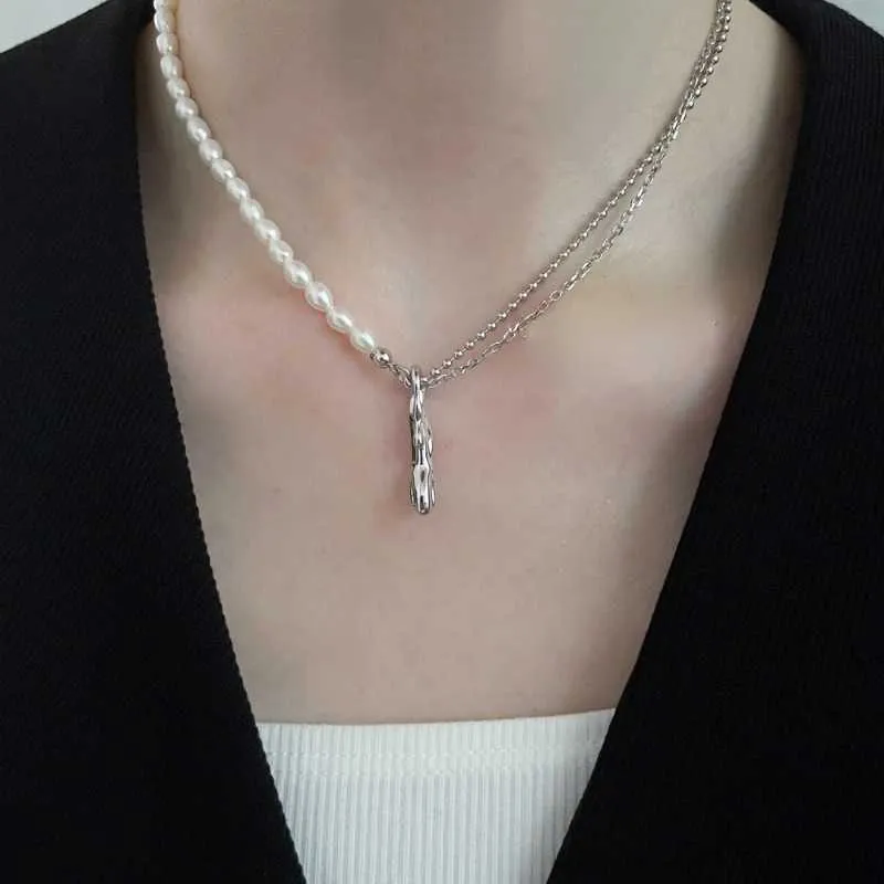 Half Pearl Half Chain Necklace in Sterling Silver