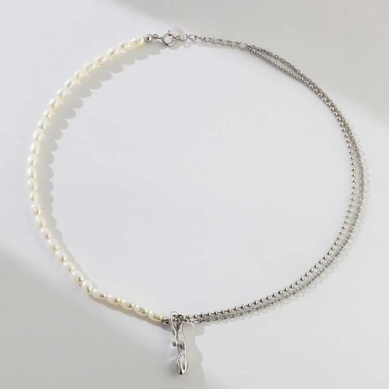 Half Pearl Half Chain Necklace in Sterling Silver