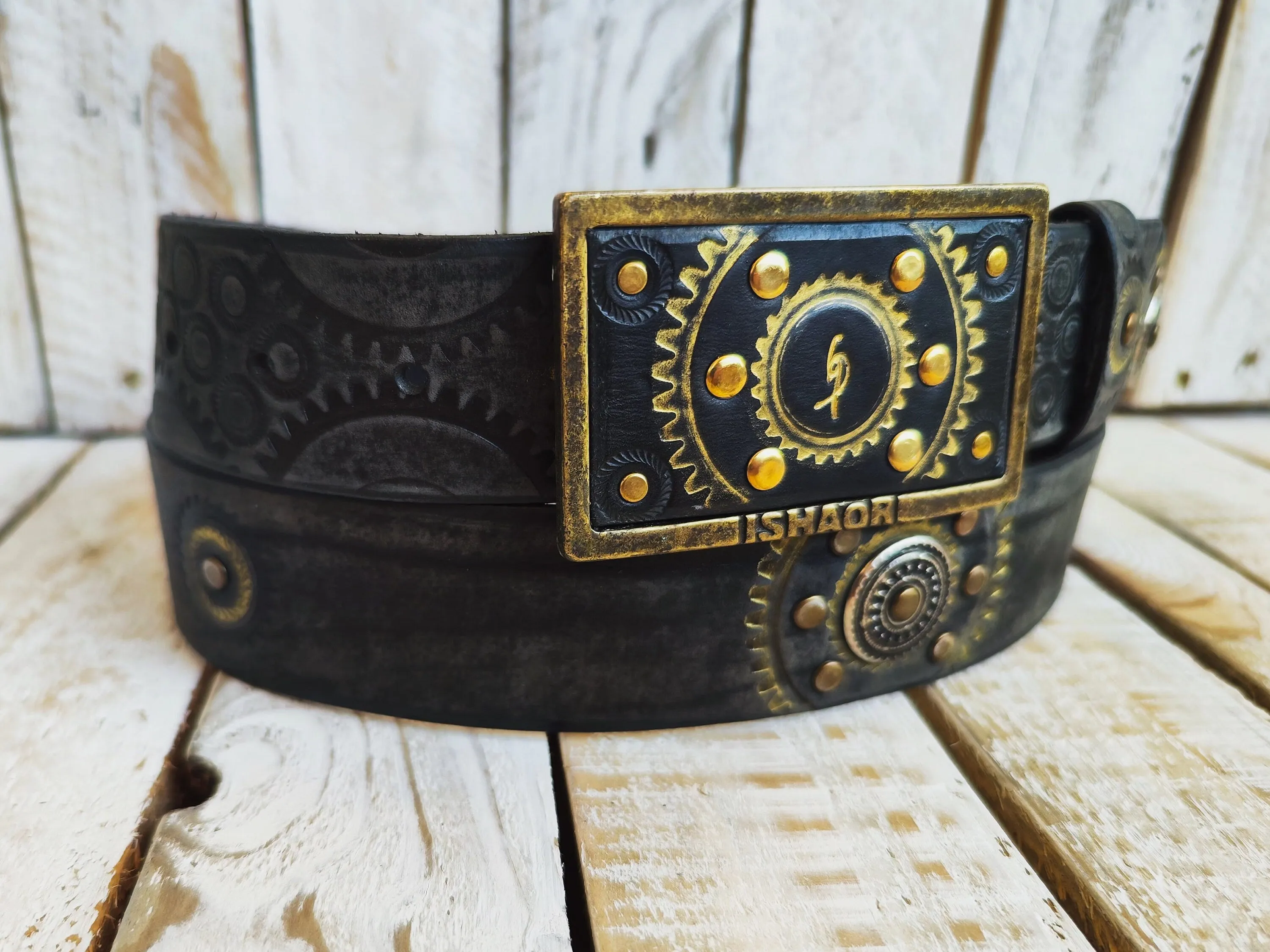 Handcrafted Leather Belt with Motorcycle Gear Stamps Silver Studs Gold Accents and Matching Buckle