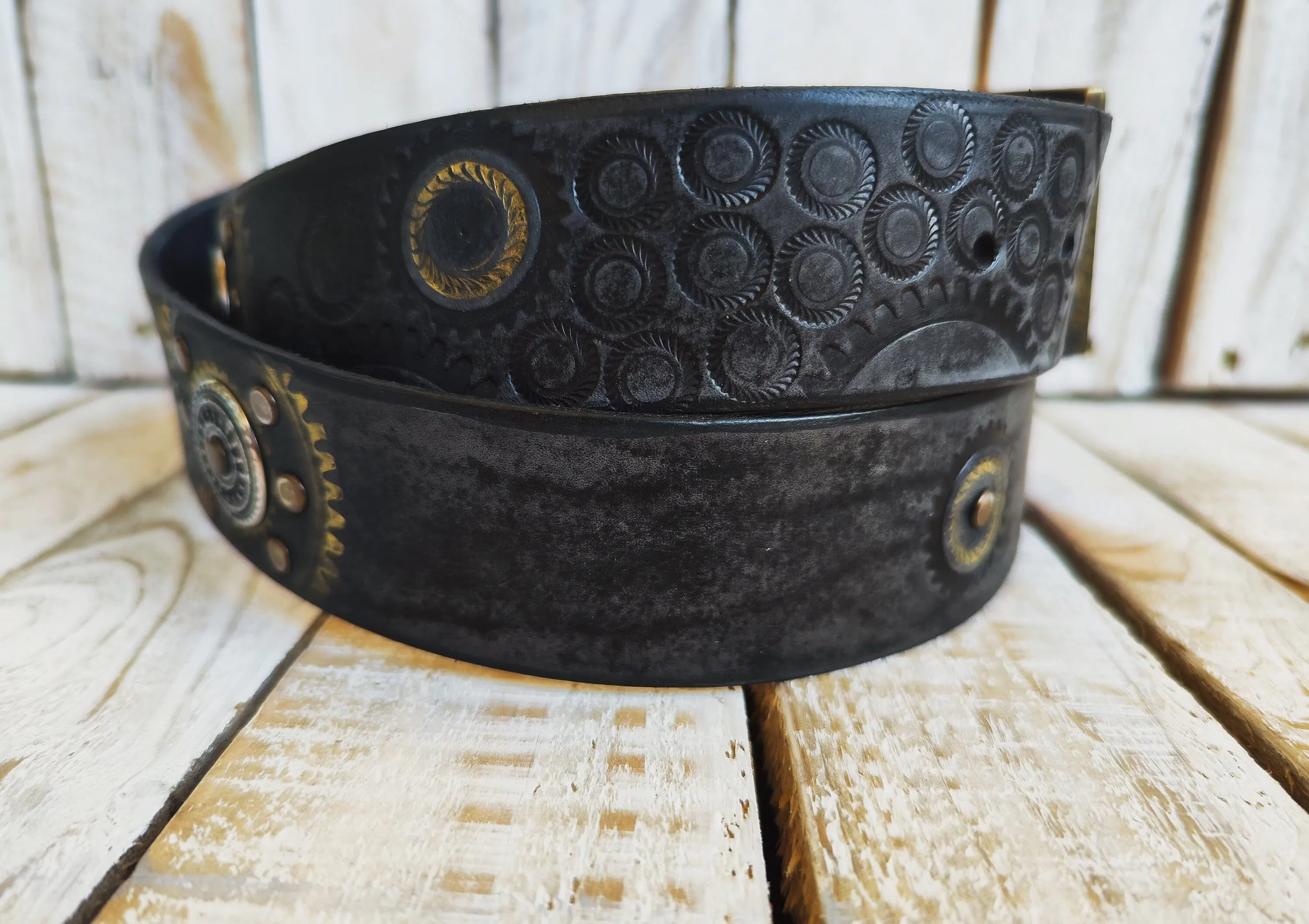 Handcrafted Leather Belt with Motorcycle Gear Stamps Silver Studs Gold Accents and Matching Buckle