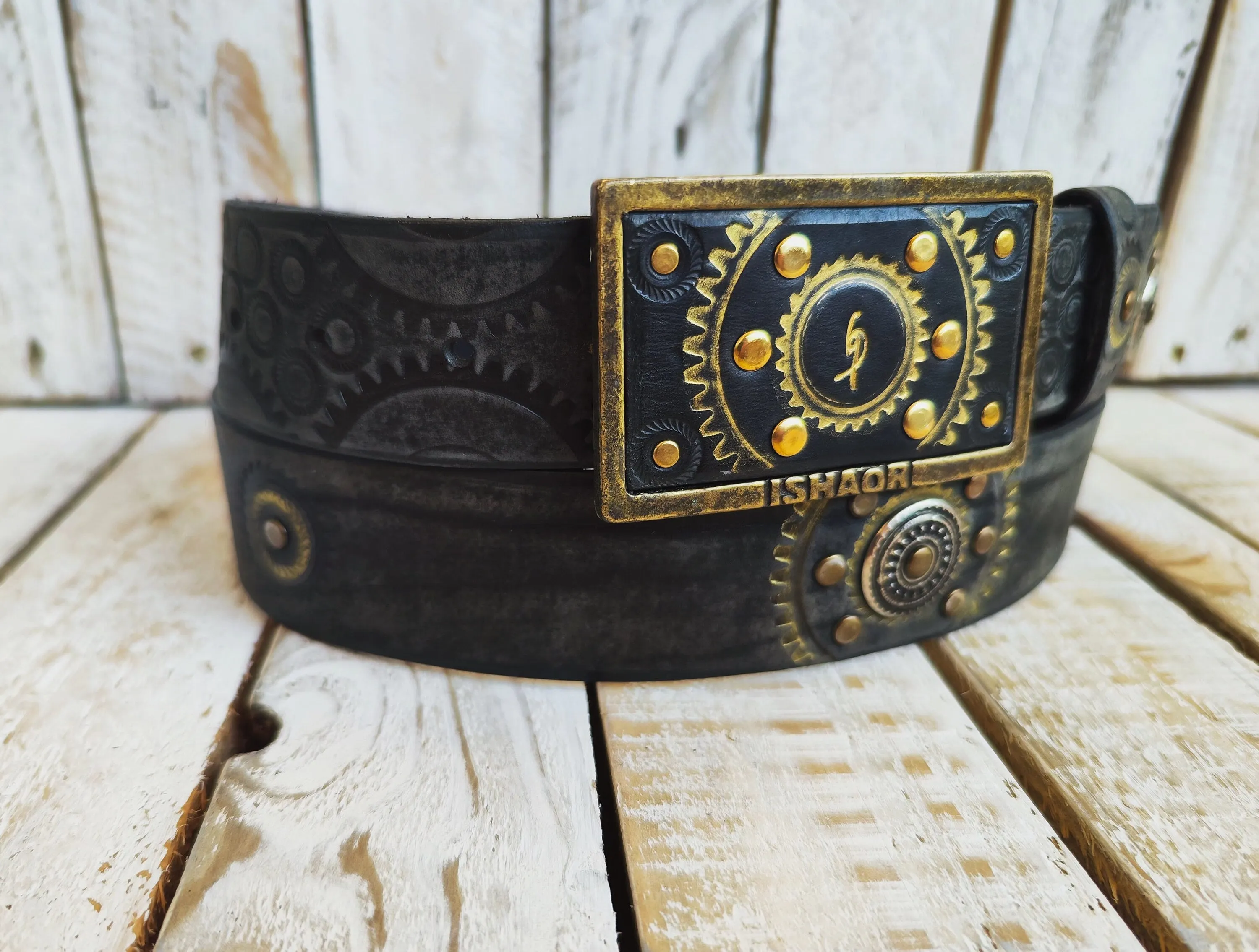 Handcrafted Leather Belt with Motorcycle Gear Stamps Silver Studs Gold Accents and Matching Buckle