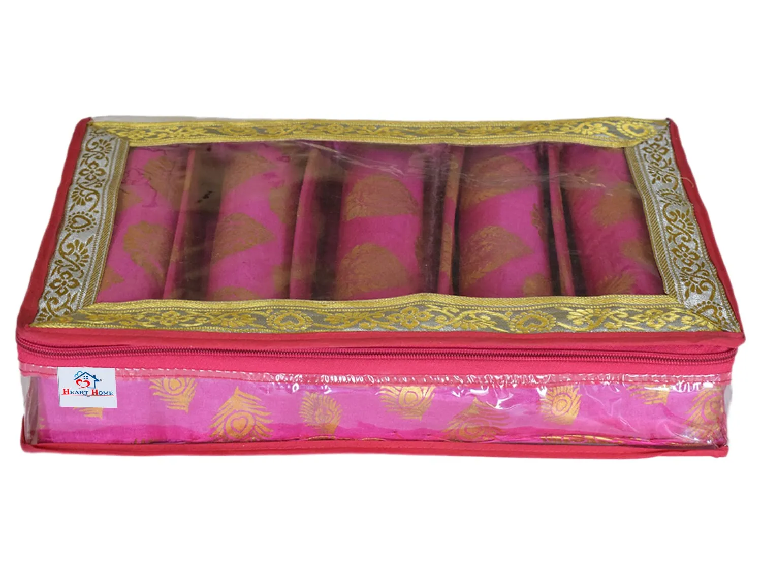 Heart Home Feather Design Laminated 5 Rod Box, Organizer For Bangle, Watches, Bracelets, Jewellery With Tranasparent Top (Pink)-47HH0234