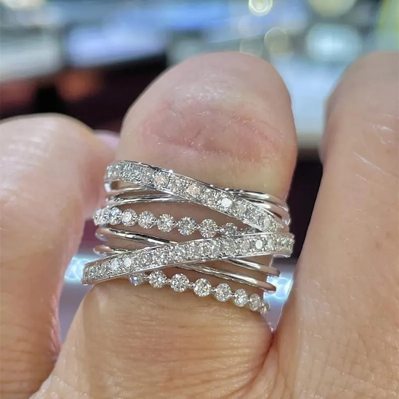 hsiyyecg Intertwined Crossover Cubic Zirconia CZ Statement Ring Fashion Chunky Band Rings for Women Platinum Plated Wide Index Finger Rings Costume Jewelry(9)