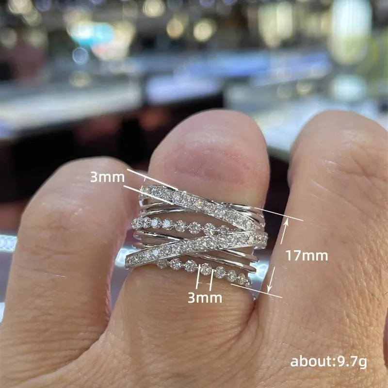 hsiyyecg Intertwined Crossover Cubic Zirconia CZ Statement Ring Fashion Chunky Band Rings for Women Platinum Plated Wide Index Finger Rings Costume Jewelry(9)