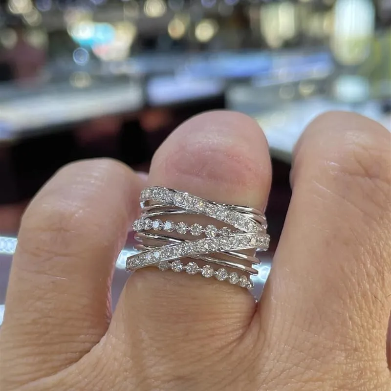 hsiyyecg Intertwined Crossover Cubic Zirconia CZ Statement Ring Fashion Chunky Band Rings for Women Platinum Plated Wide Index Finger Rings Costume Jewelry(9)