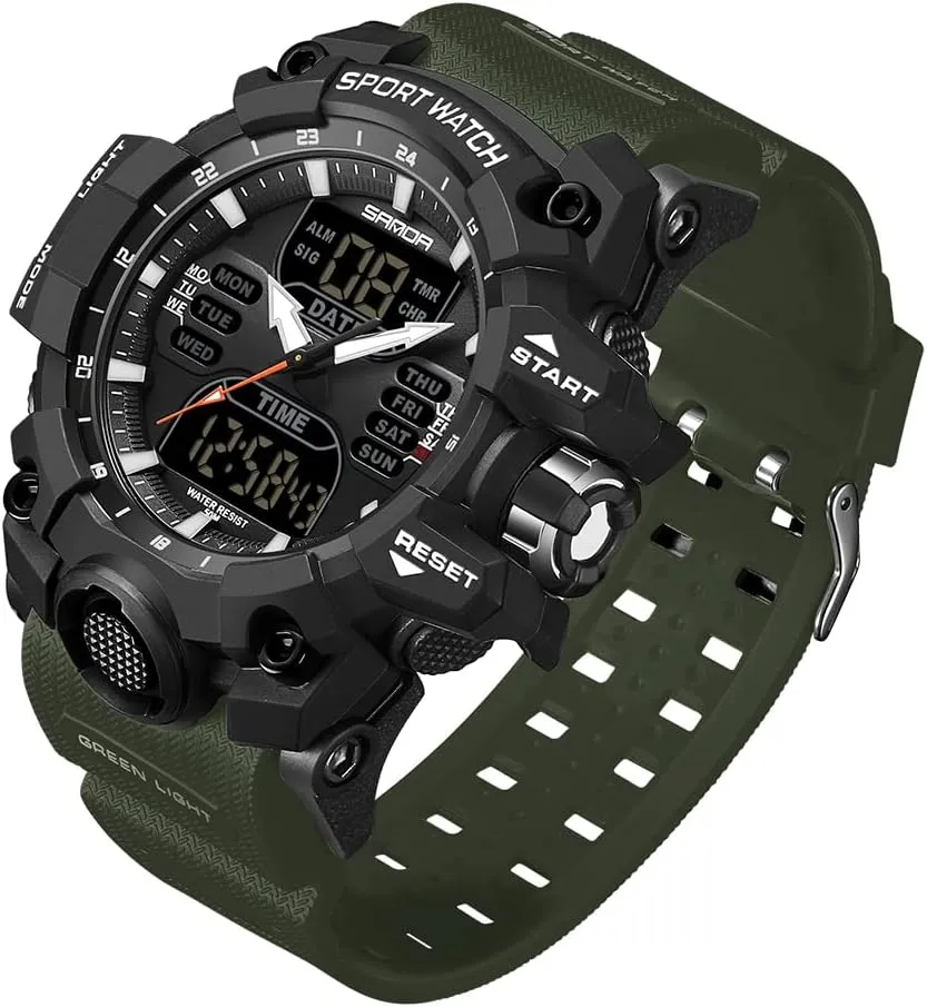 KXAITO Men's Stainless Steel case Sports Watch Military Watch Outdoor LED Stopwatch Digital Electronic Large Dual Display Waterproof Tactical Army Wrist Watches for Men