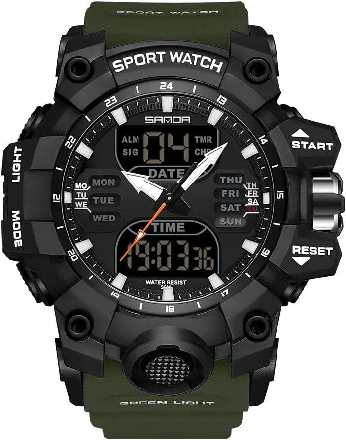 KXAITO Men's Stainless Steel case Sports Watch Military Watch Outdoor LED Stopwatch Digital Electronic Large Dual Display Waterproof Tactical Army Wrist Watches for Men