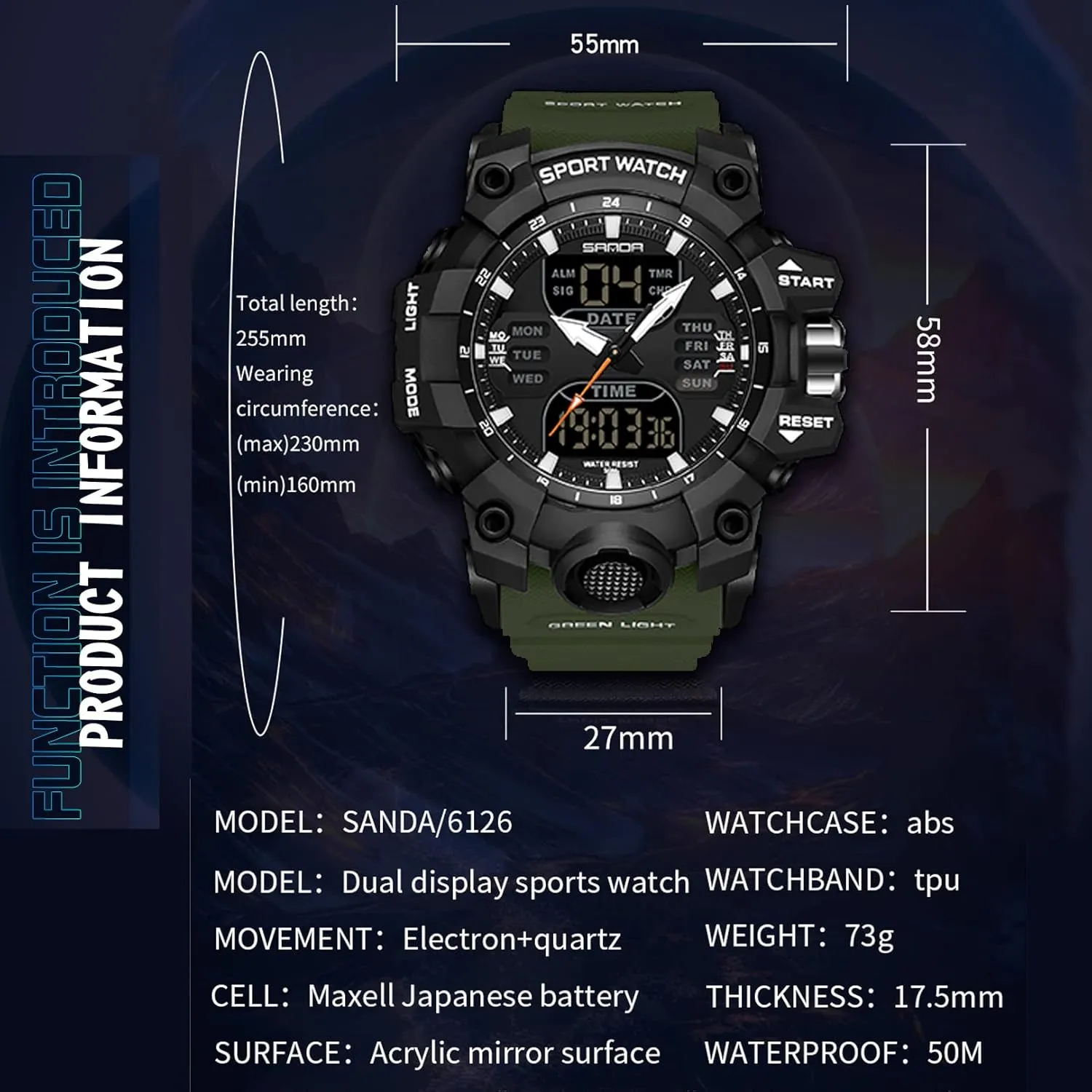 KXAITO Men's Stainless Steel case Sports Watch Military Watch Outdoor LED Stopwatch Digital Electronic Large Dual Display Waterproof Tactical Army Wrist Watches for Men