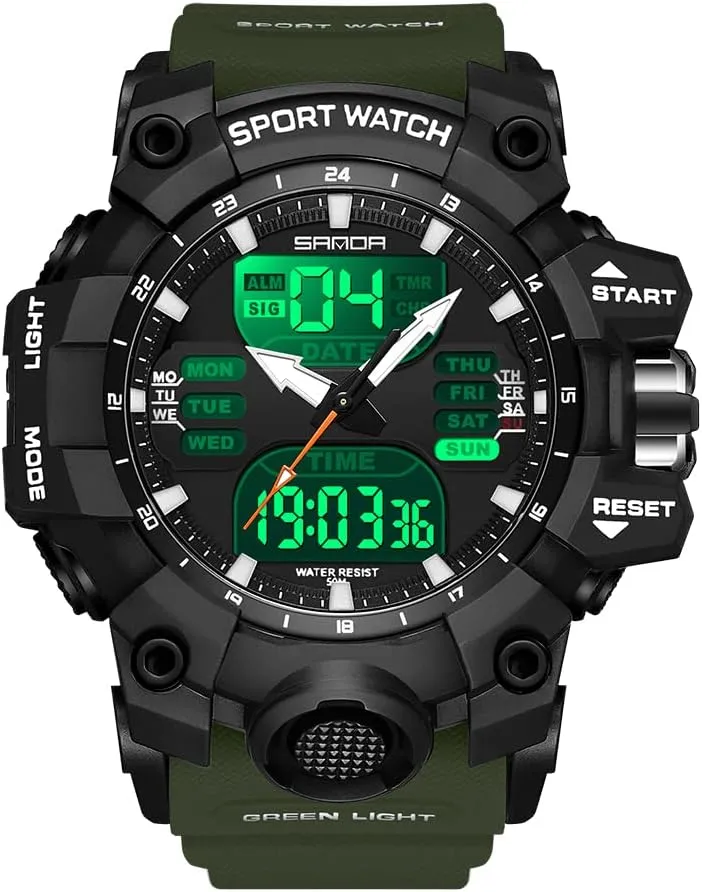 KXAITO Men's Stainless Steel case Sports Watch Military Watch Outdoor LED Stopwatch Digital Electronic Large Dual Display Waterproof Tactical Army Wrist Watches for Men