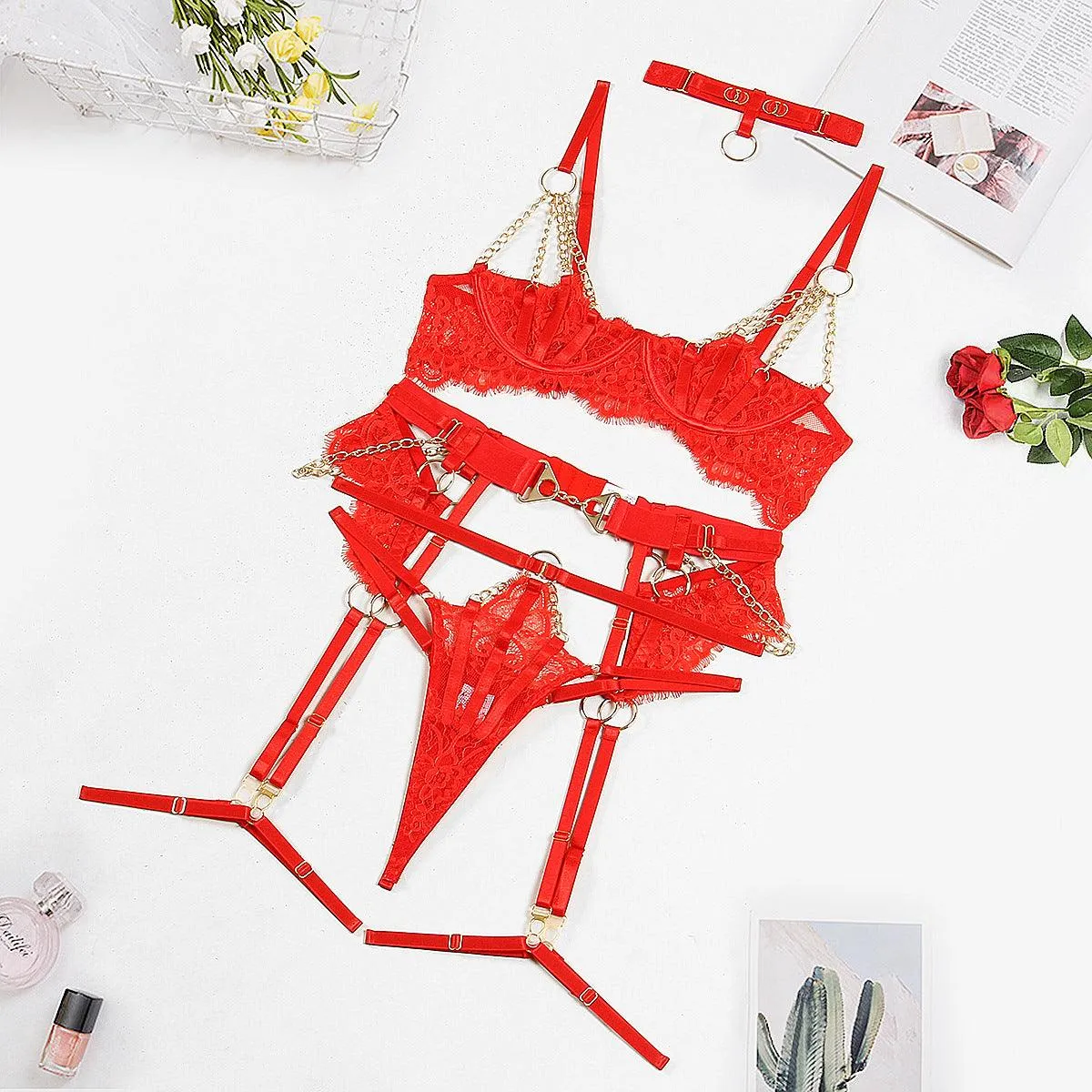 Lace Steel Ring Lingerie 5-Piece Set