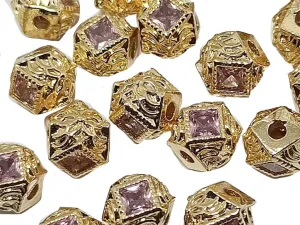Lilac & Golden Color  AD Stone Hexa Ball Spacer Beads