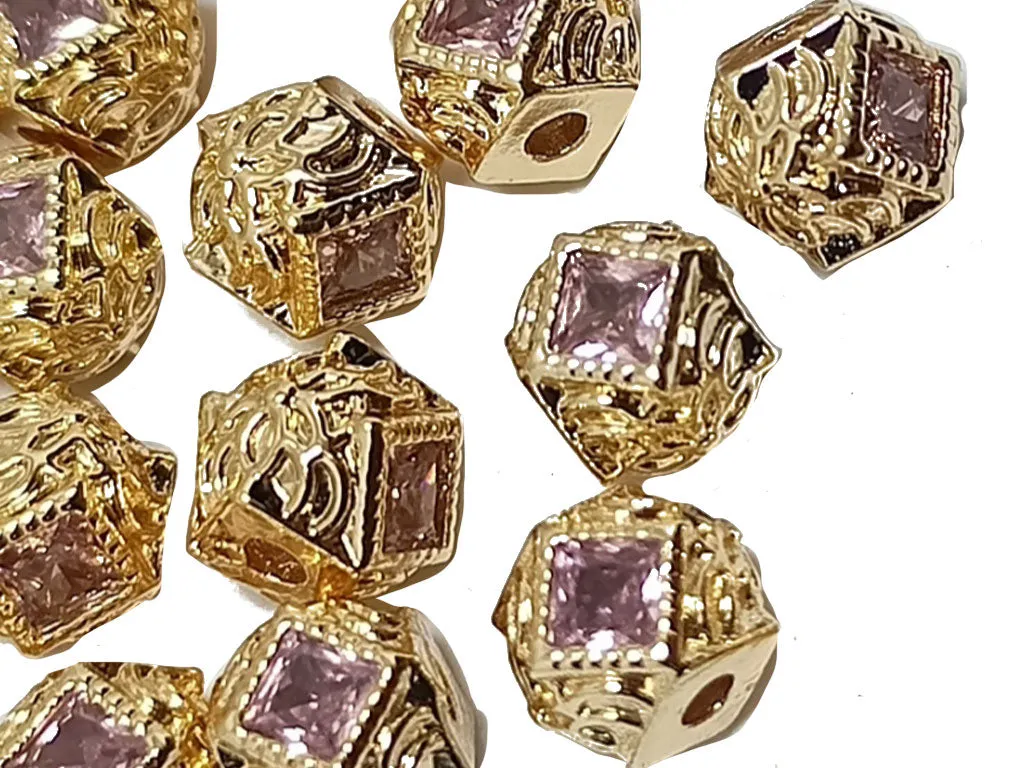 Lilac & Golden Color  AD Stone Hexa Ball Spacer Beads