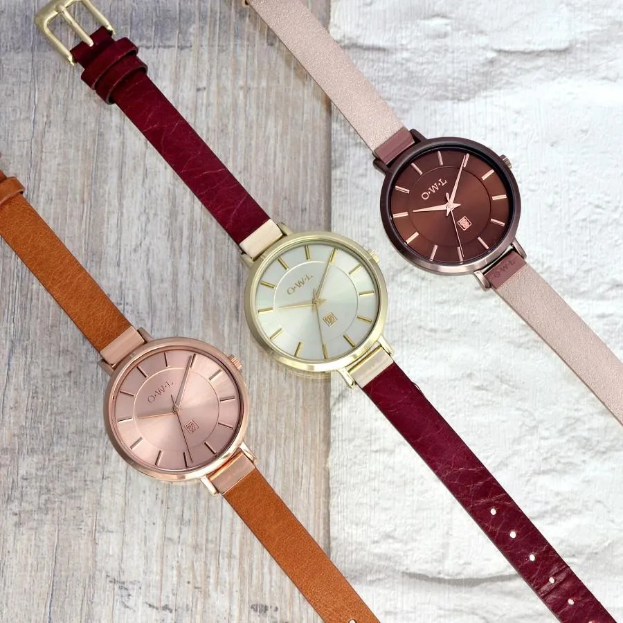 MAYFAIR LADIES MID-SIZE WATCH WITH ROSE-GOLD CASE & SHIMMER- PINK LEATHER STRAP