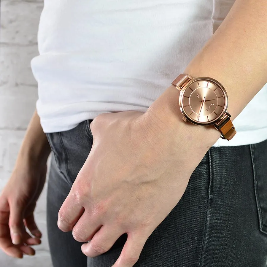 MAYFAIR LADIES MID-SIZE WATCH WITH ROSE-GOLD CASE & SHIMMER- PINK LEATHER STRAP