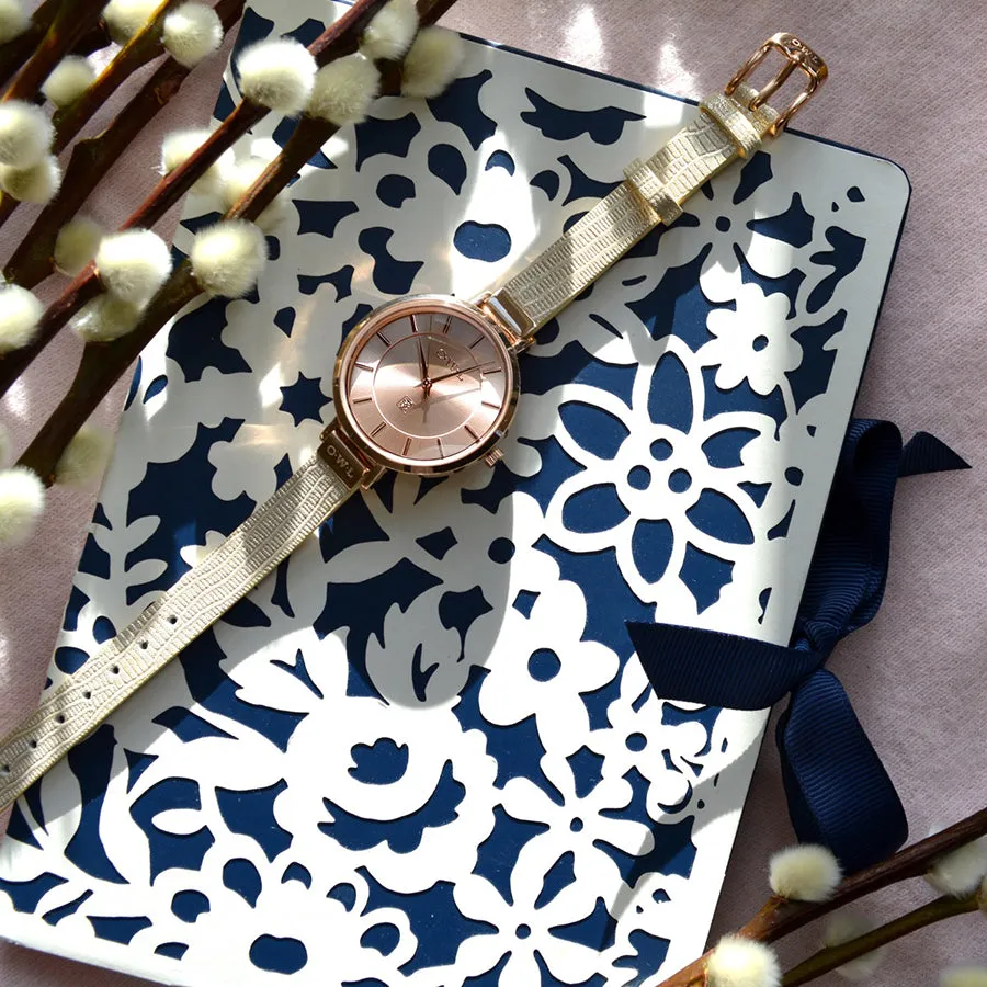 MAYFAIR LADIES MID-SIZE WATCH WITH ROSE-GOLD CASE & SHIMMER- PINK LEATHER STRAP