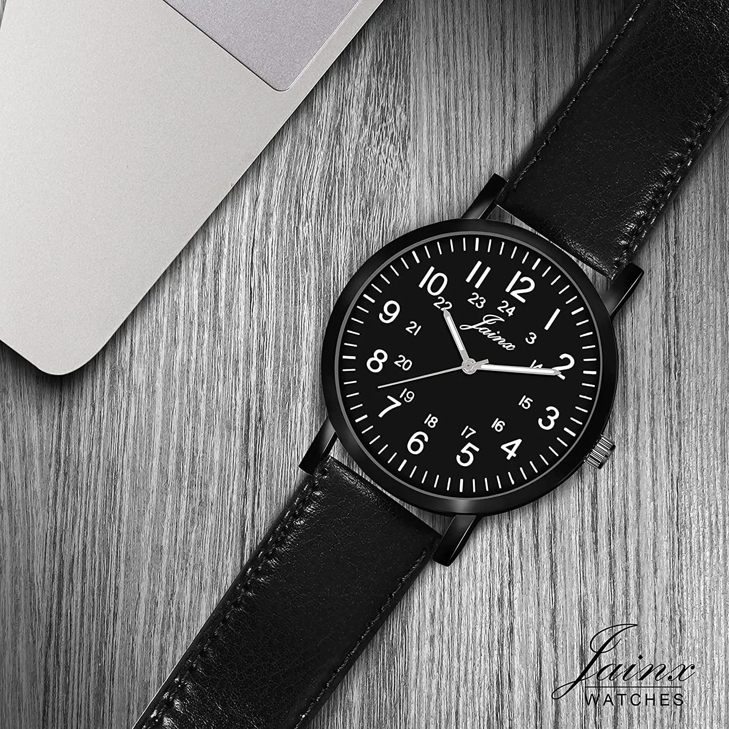 Men's Black Dial Leather Strap Analog Watch - JM7145