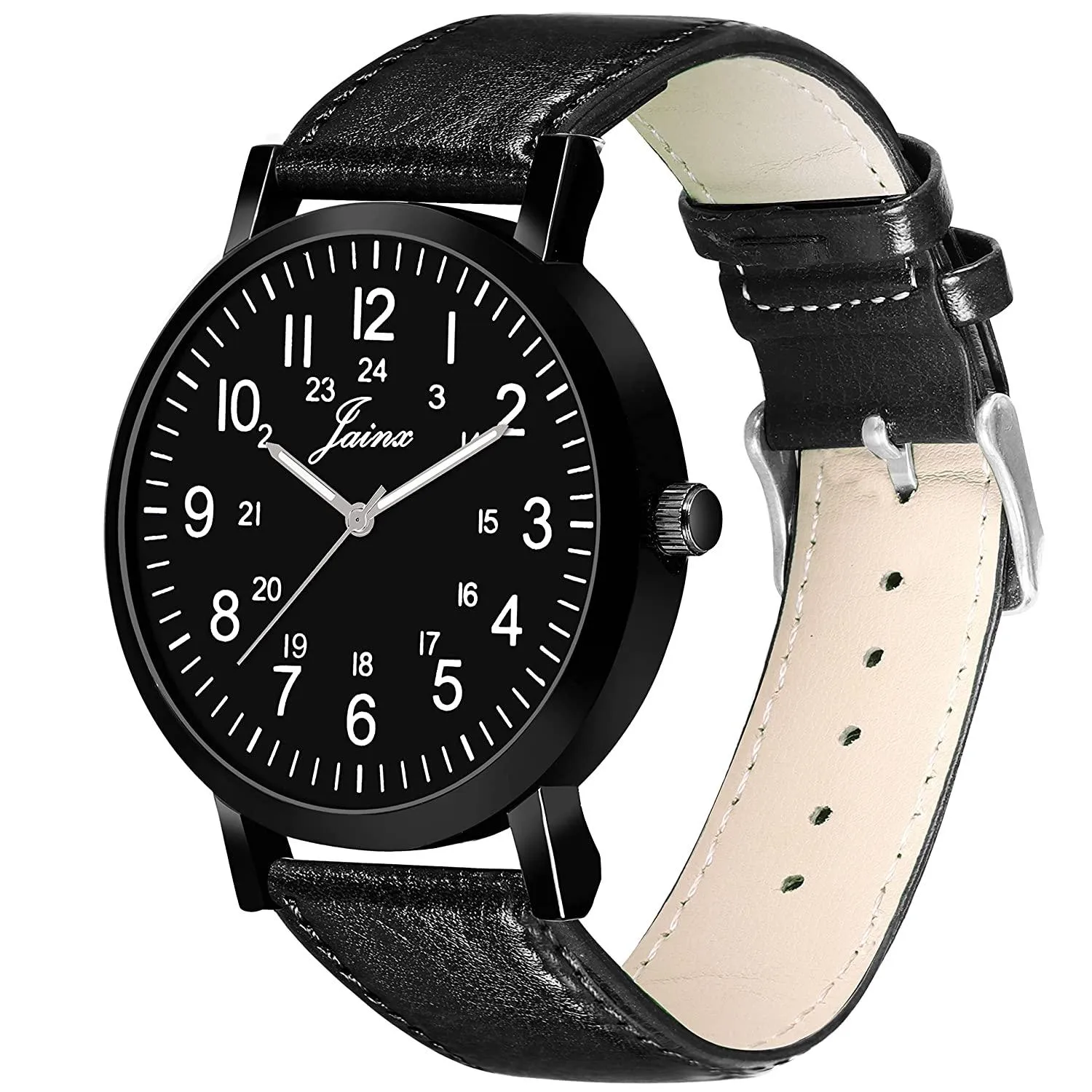 Men's Black Dial Leather Strap Analog Watch - JM7145
